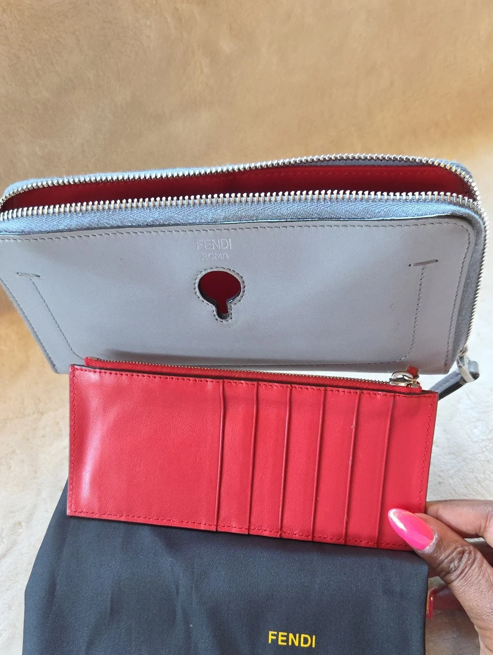 Fendi Light Gray Leather Zip Wallet with Coral Accent Button